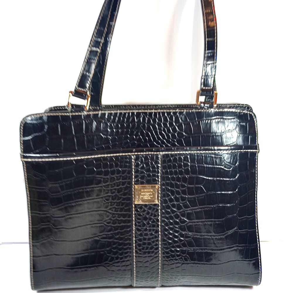 Vintage Liz Claiborne Black Croc Embossed Tote Bag Gold Hardware Shoulder Purse
